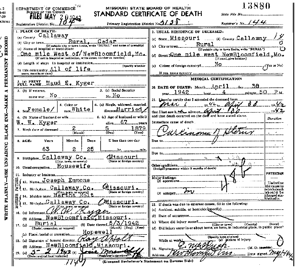 Death Certificate of Kyger, Maude E. Emmons