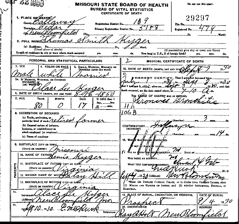 Death Certificate of Kyger, Thomas Smith