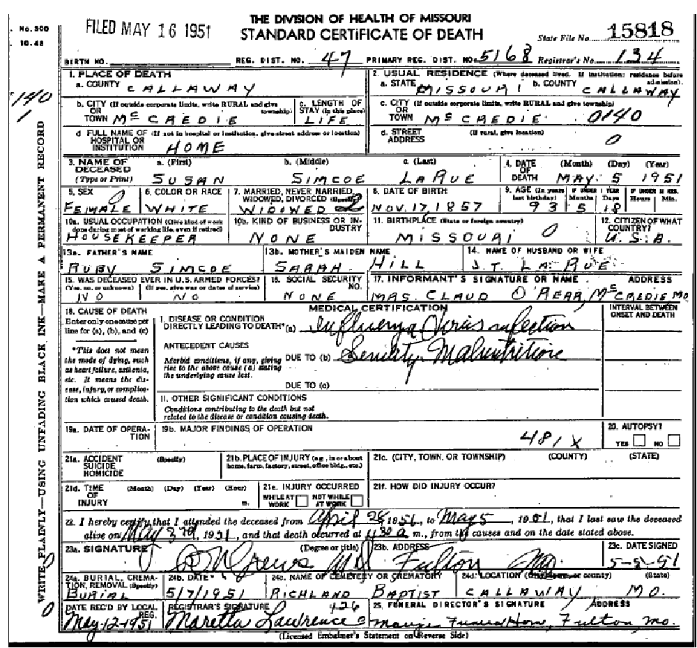 Death certificate of LaRue, Susan M. Simco