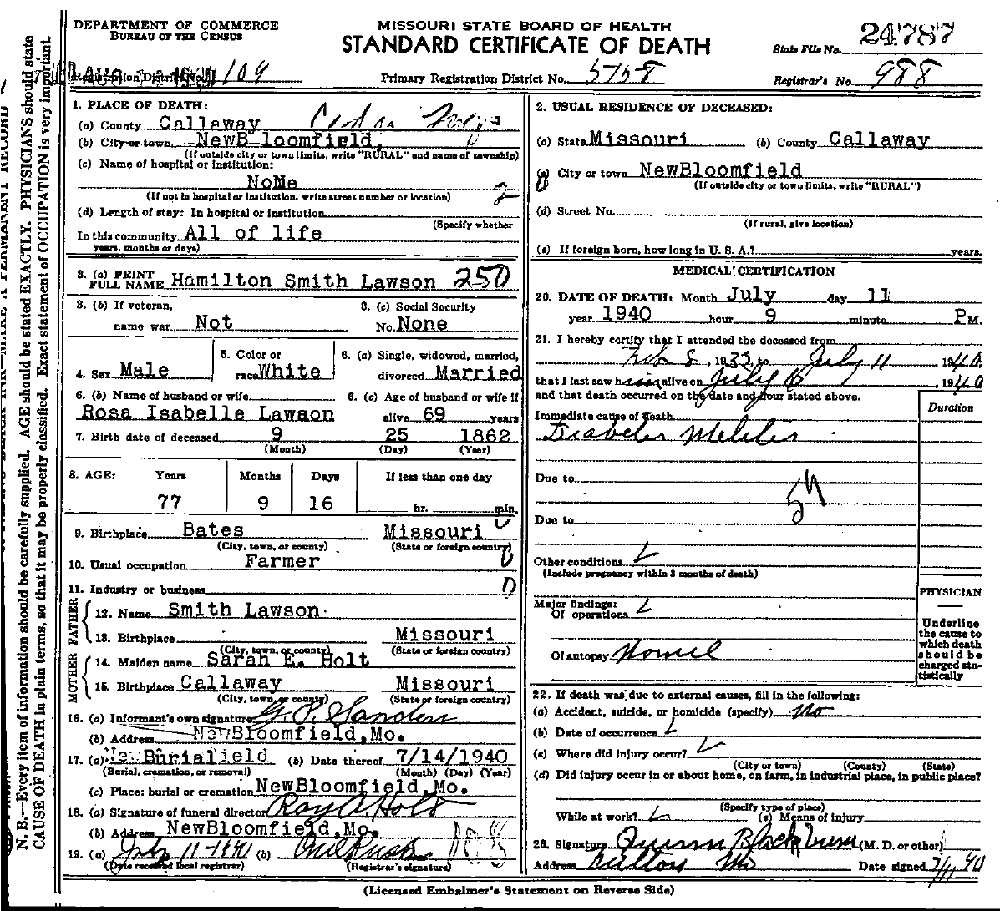 Death Certificate of Lawson, Hamilton Smith