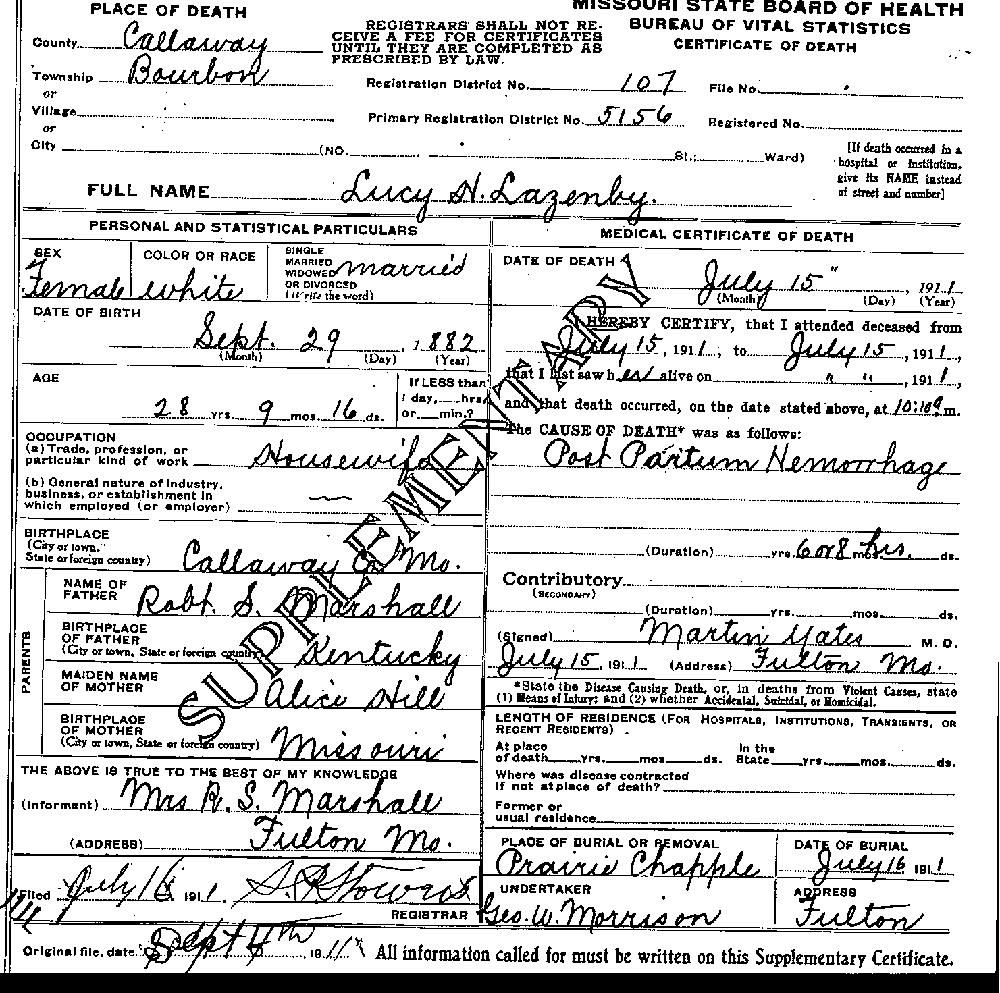 Death Certificate of Lazenby, Lucy H. Marshall