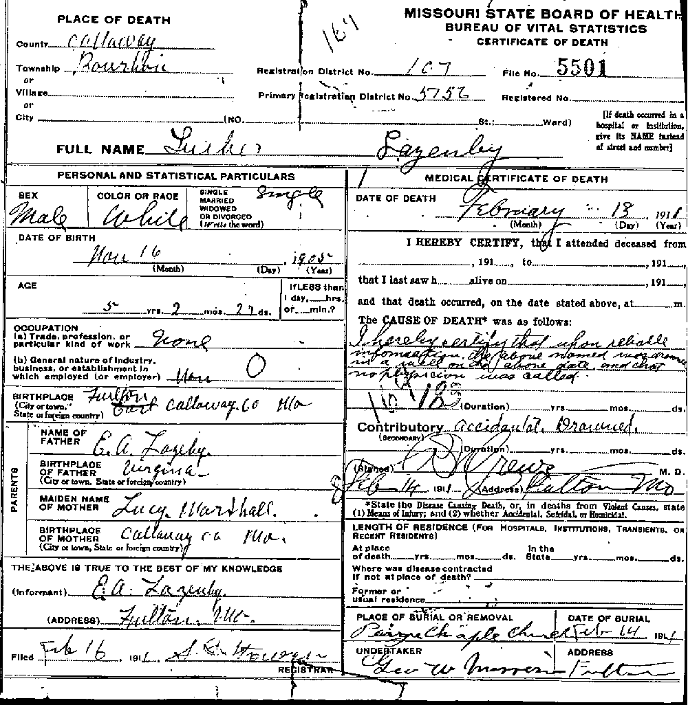 Death Certificate of Lazenby, Luther J.
