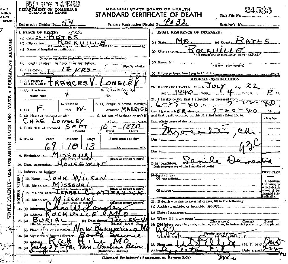 Death Certificate of Longley, Frances Veronica Wilson