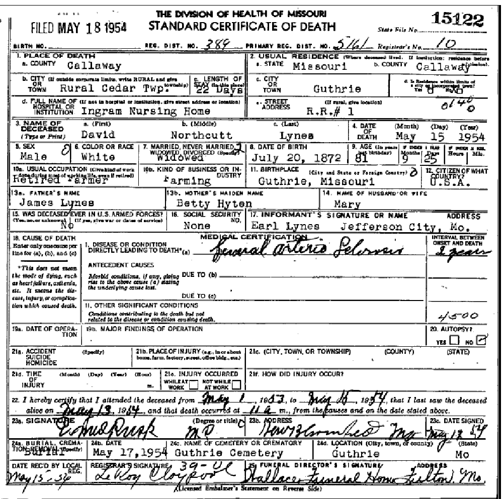 Death certificate of Lynes, David Northcutt