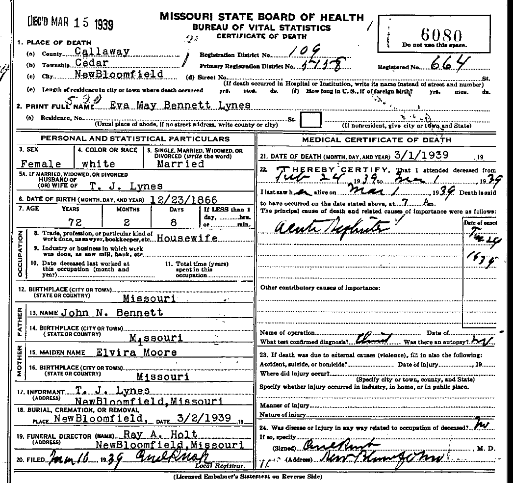 Death Certificate of Lynes, Eva May Bennett