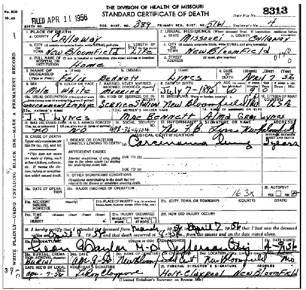 Death certificate of Lynes, Felix Bennett