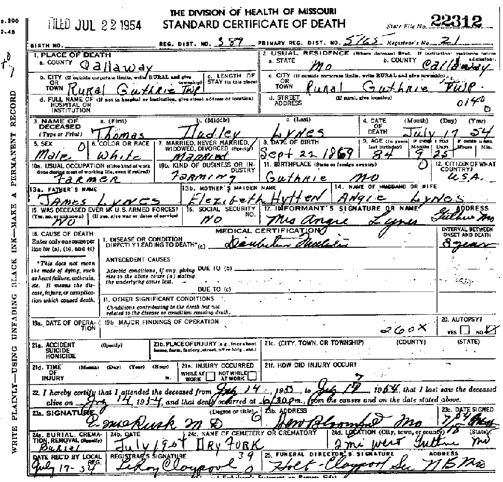 Death Certificate of Lynes, Thomas Dudley