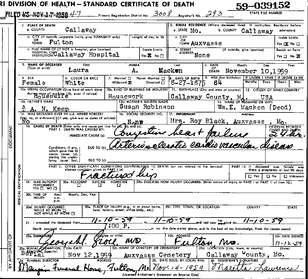 Death Certificate of Macken, Laura A. Kemp