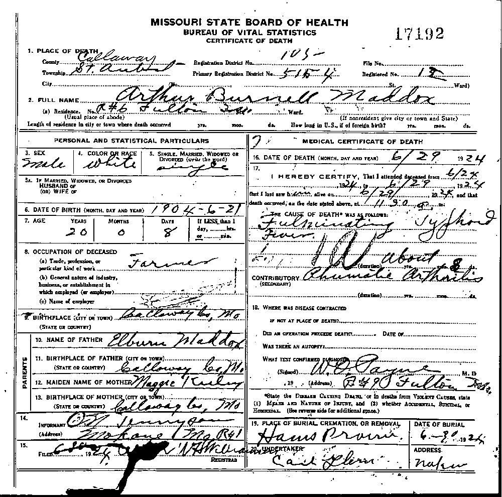 Death Certificate of Maddox, Arthur Burnell