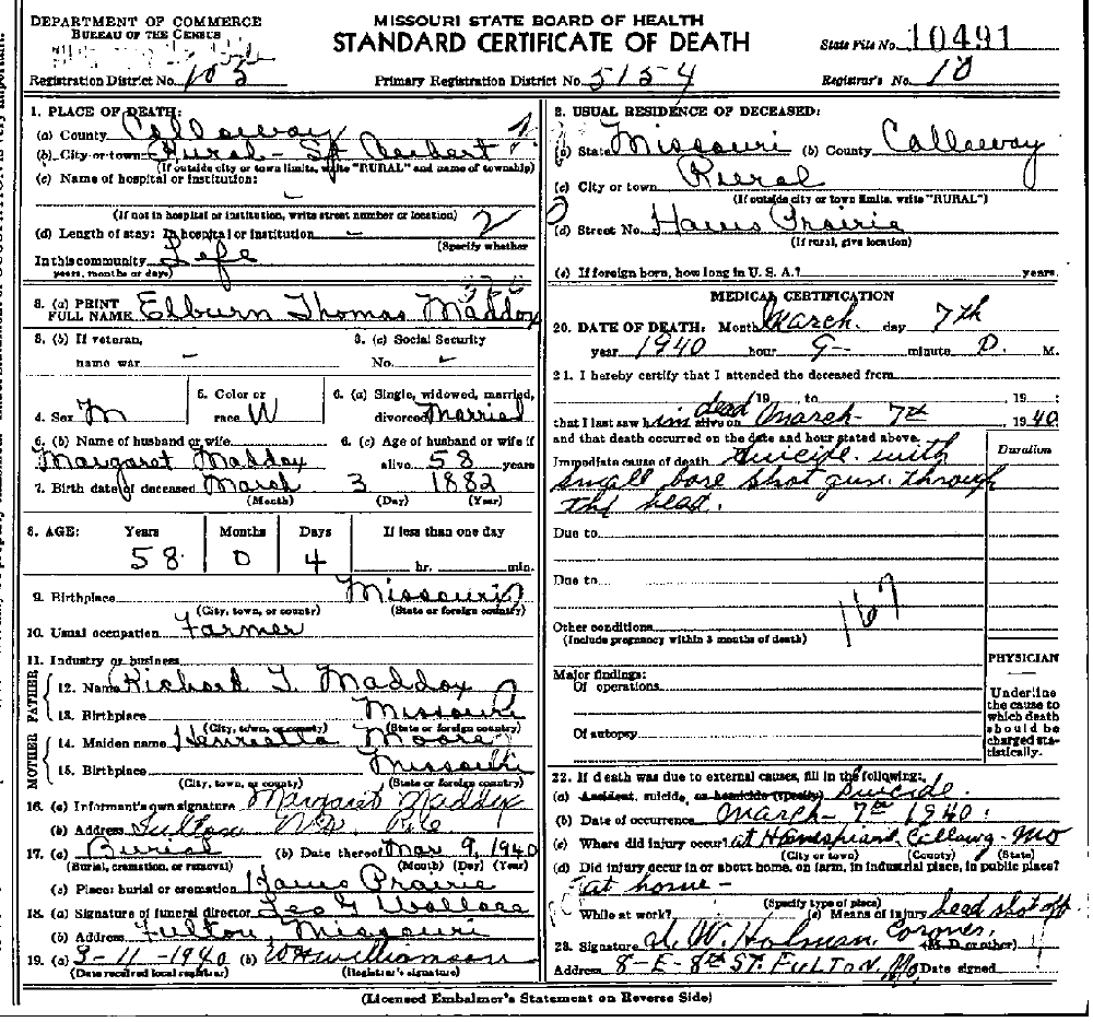 Death Certificate of Maddox, Elburn Thomas
