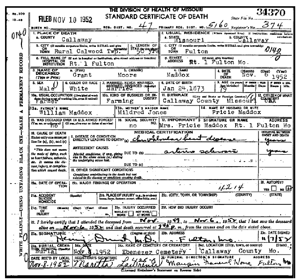 Death certificate of Maddox, Grant M.