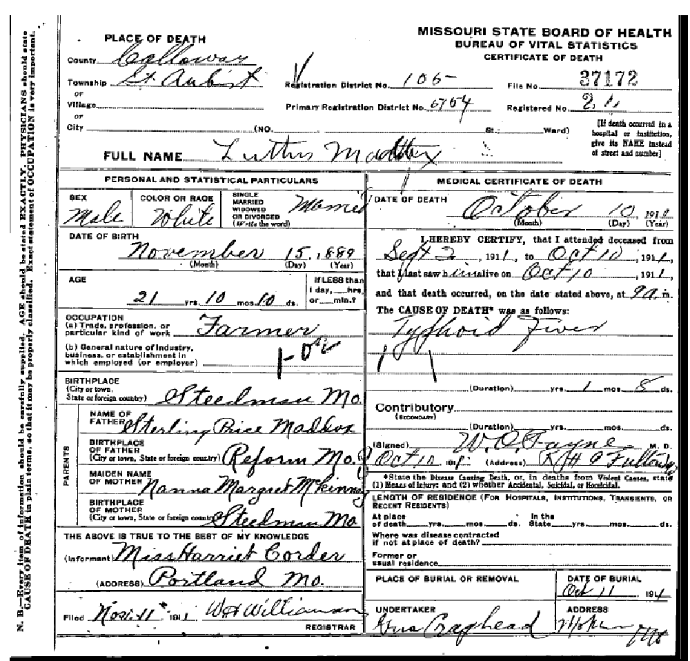 Death certificate of Maddox, Luther R.