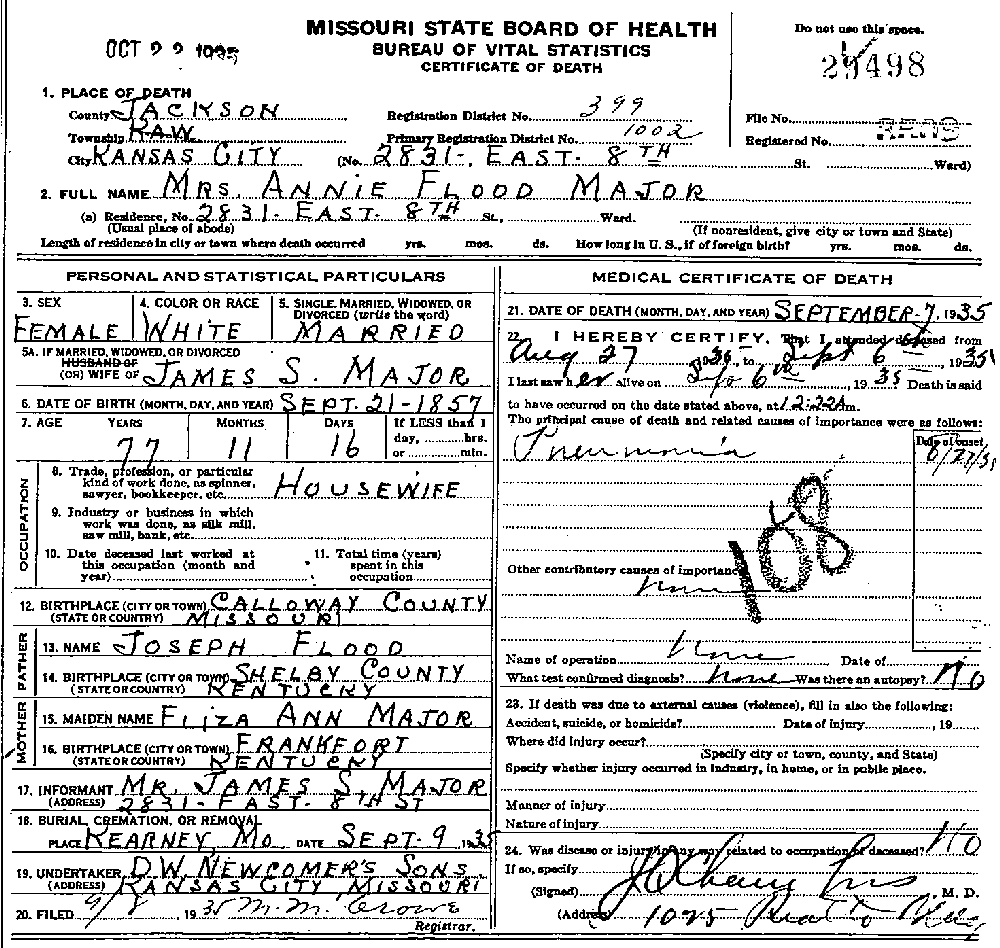 Death Certificate of Major, Annie Flood
