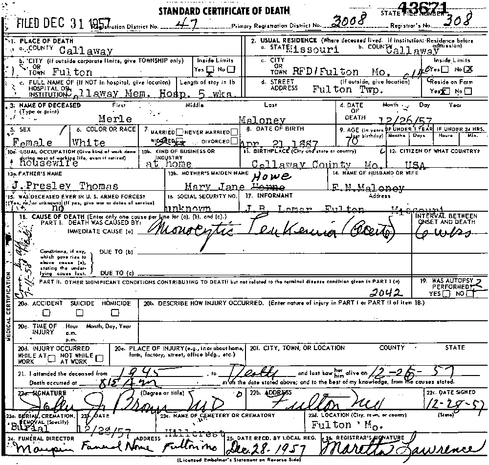 Death Certificate of Maloney, Effie Merle Thomas