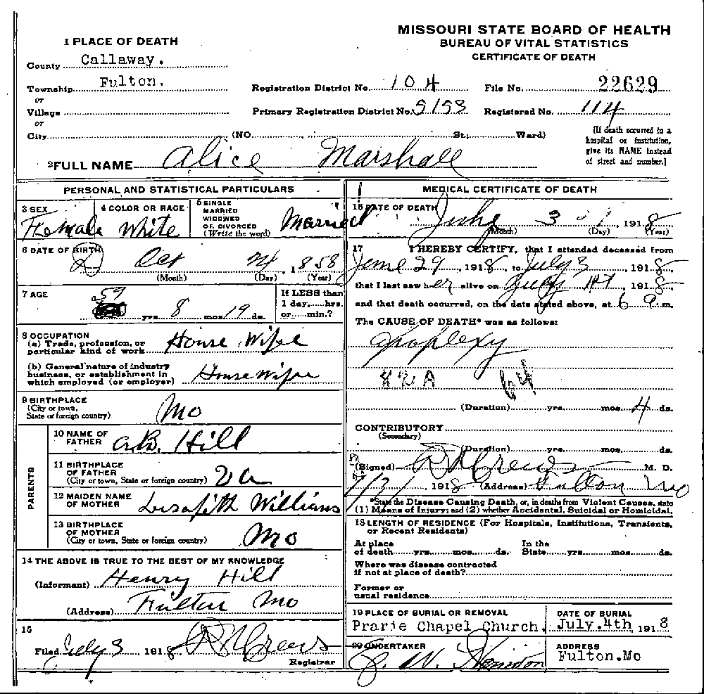 Death Certificate of Marshall, Alice A. Hill