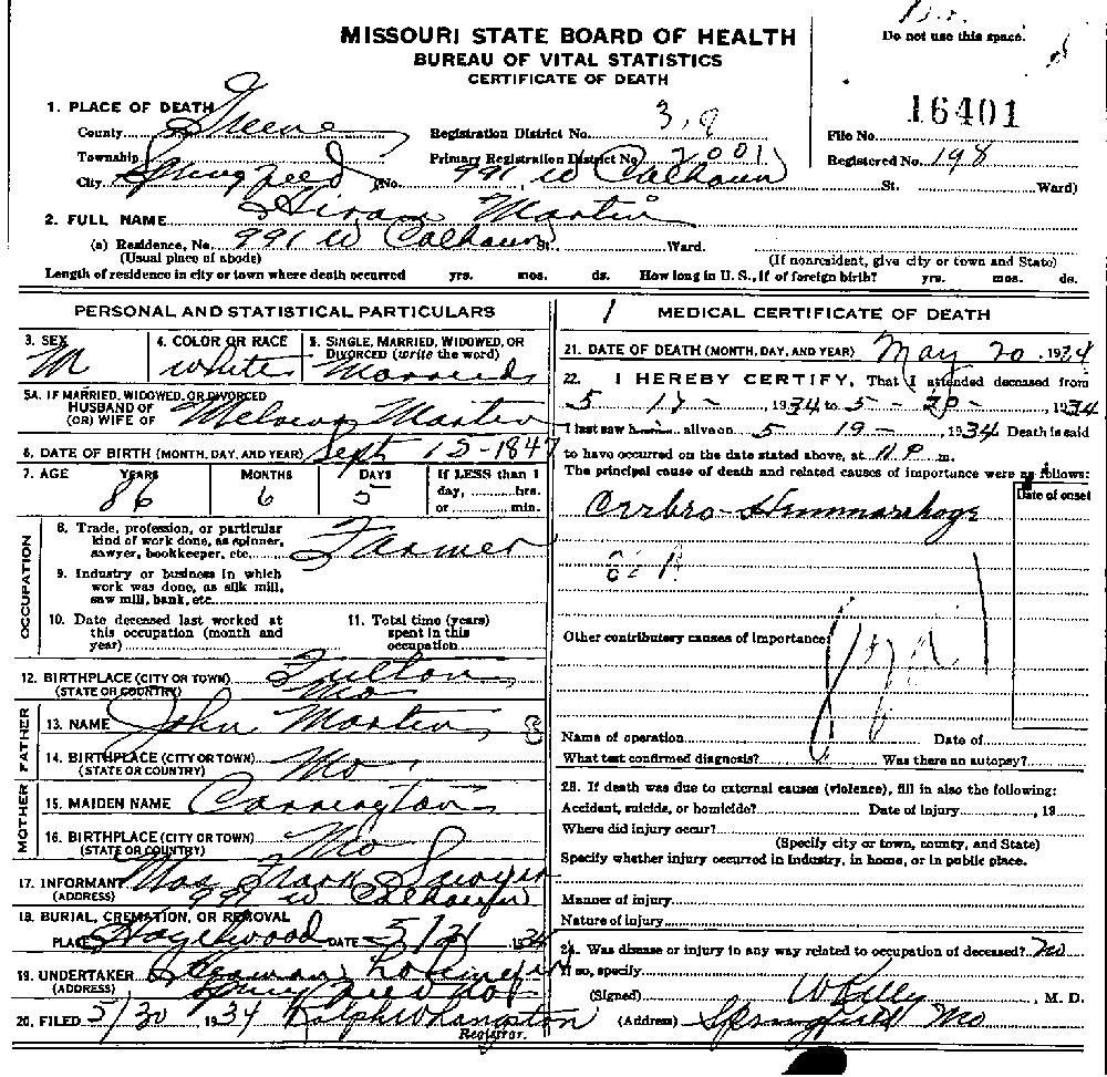 Death Certificate of Martin, Hiram