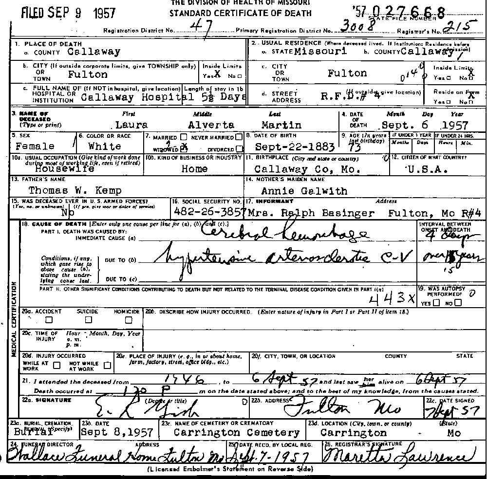 Death Certificate of Martin, Laura Alverta Kemp