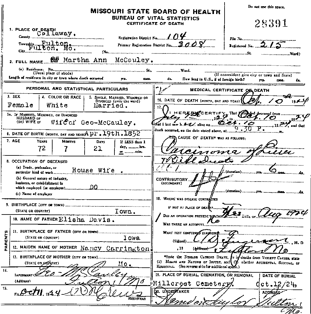 Death Certificate of McCauley, Martha Ann Davis