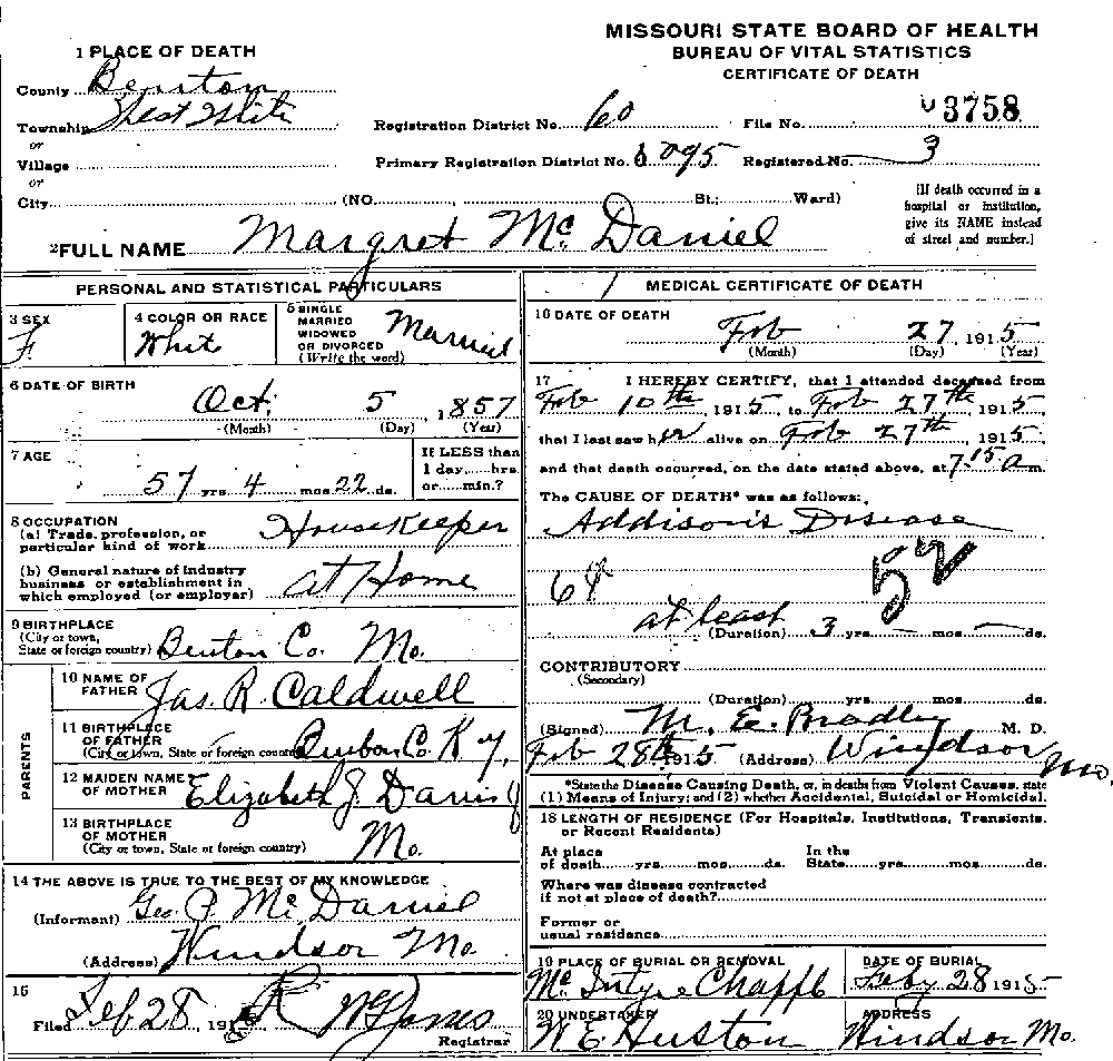 Death Certificate of McDaniel, Margaret Caldwell