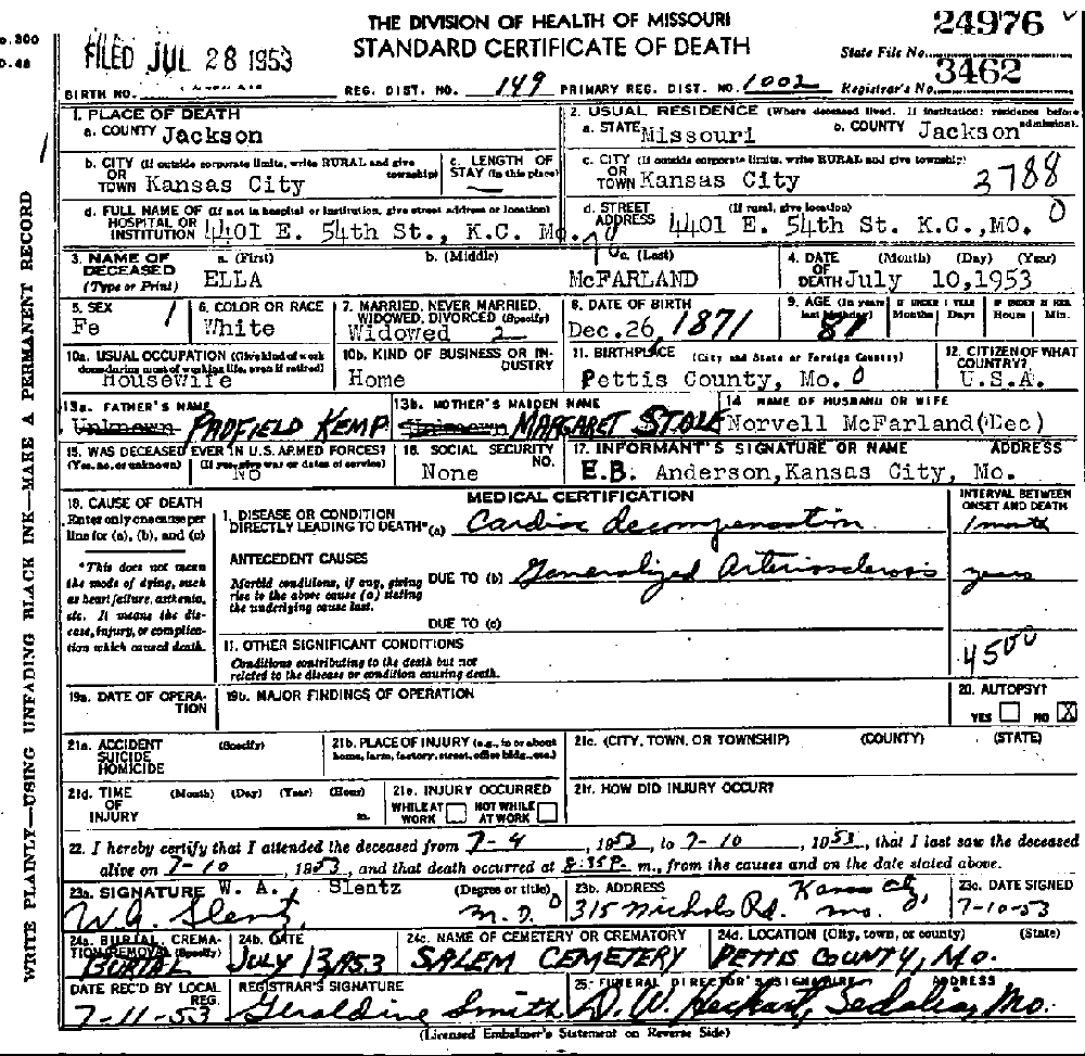 Death Certificate of McFarland, Ella Kemp