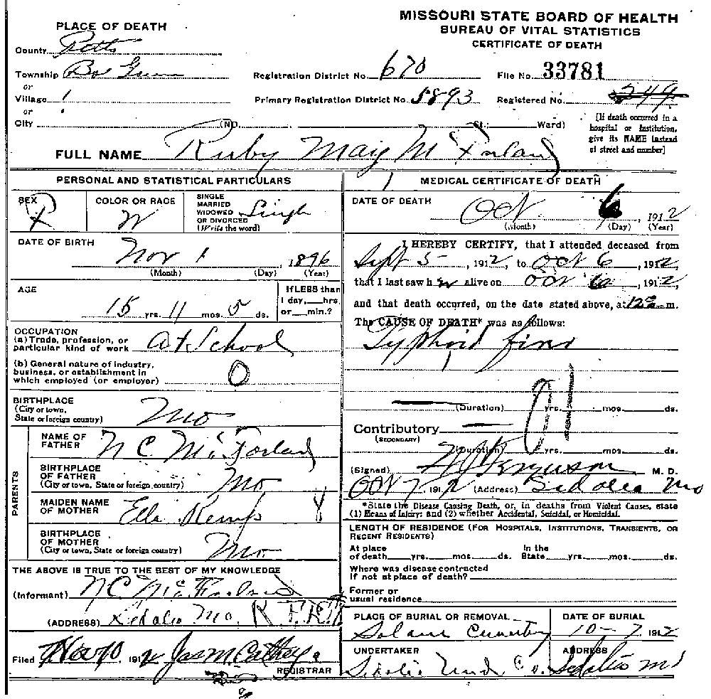 Death Certificate of McFarland, Ruby May