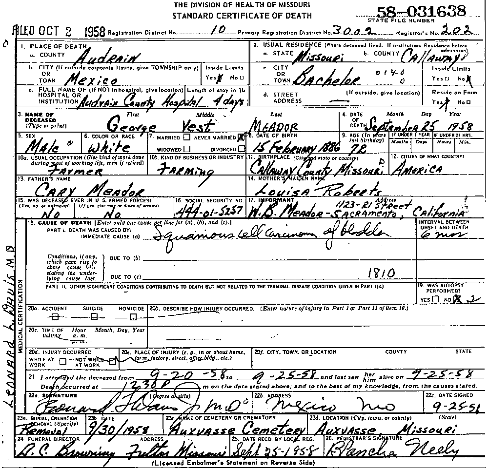 Death Certificate of Meador, George Vest