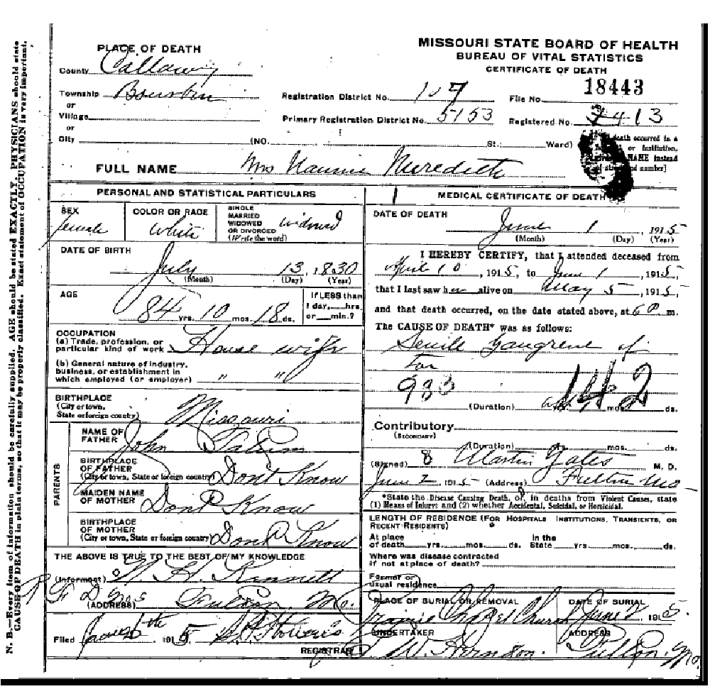 Death certificate of Merideth, Nanacy Tatum
