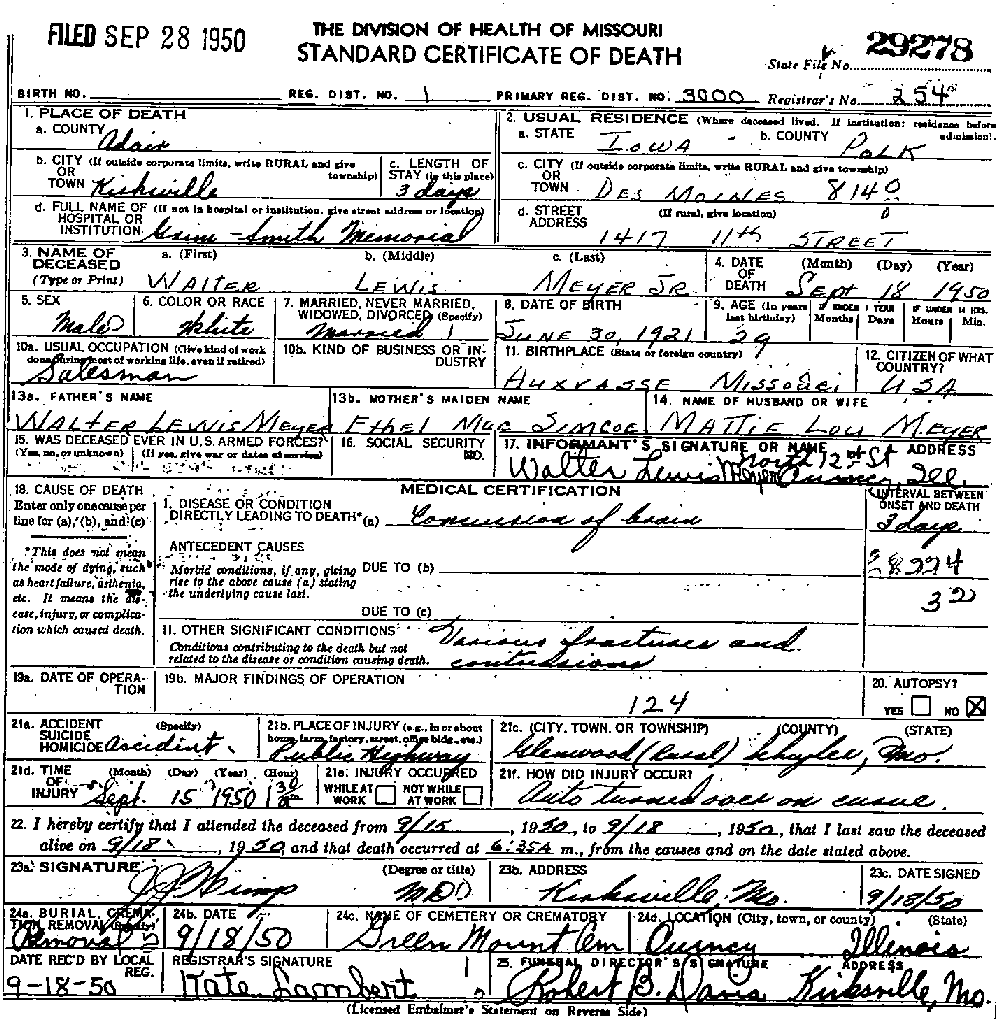 Death Certificate of Meyer, Walter Lewis Jr.
