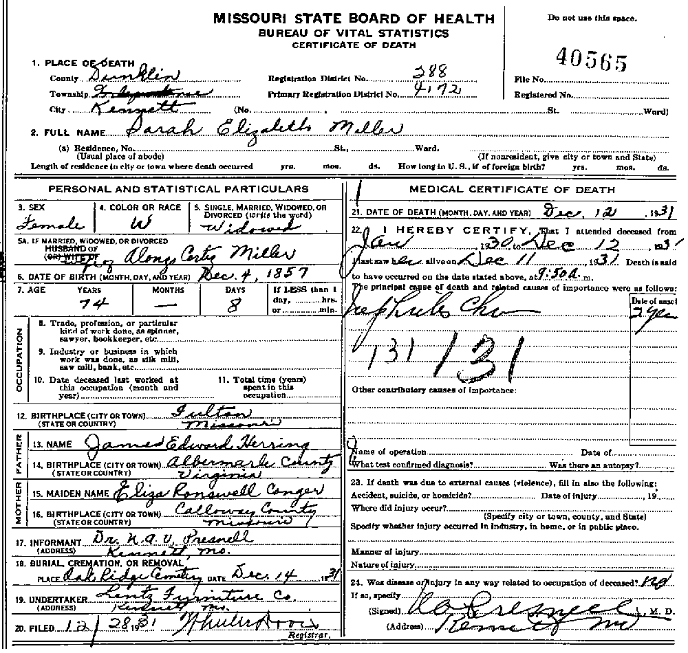 Death Certificate of Miller, Sarah Elizabeth Herring