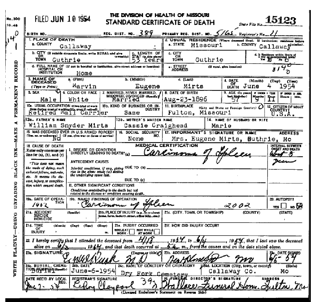 Death certificate of Mirts, Marvin Eugene