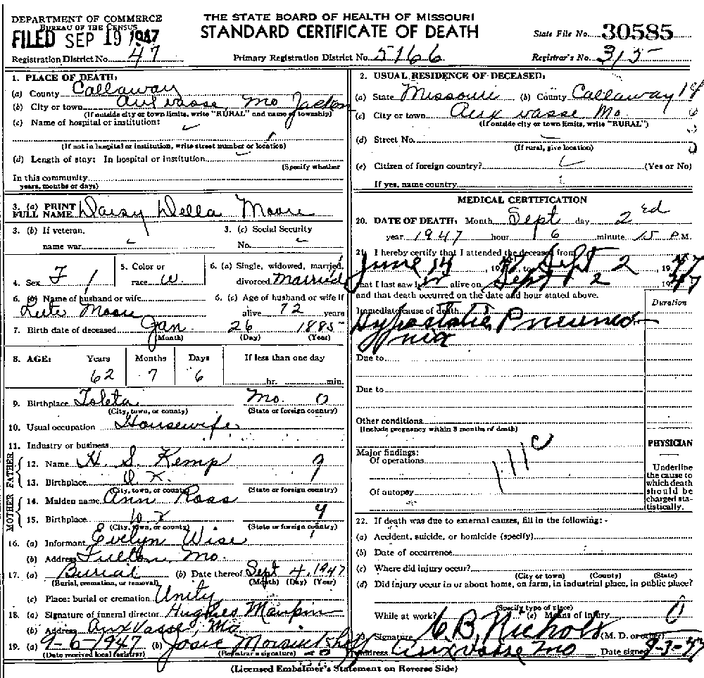 Death Certificate of Moore, Della Daisy Kemp