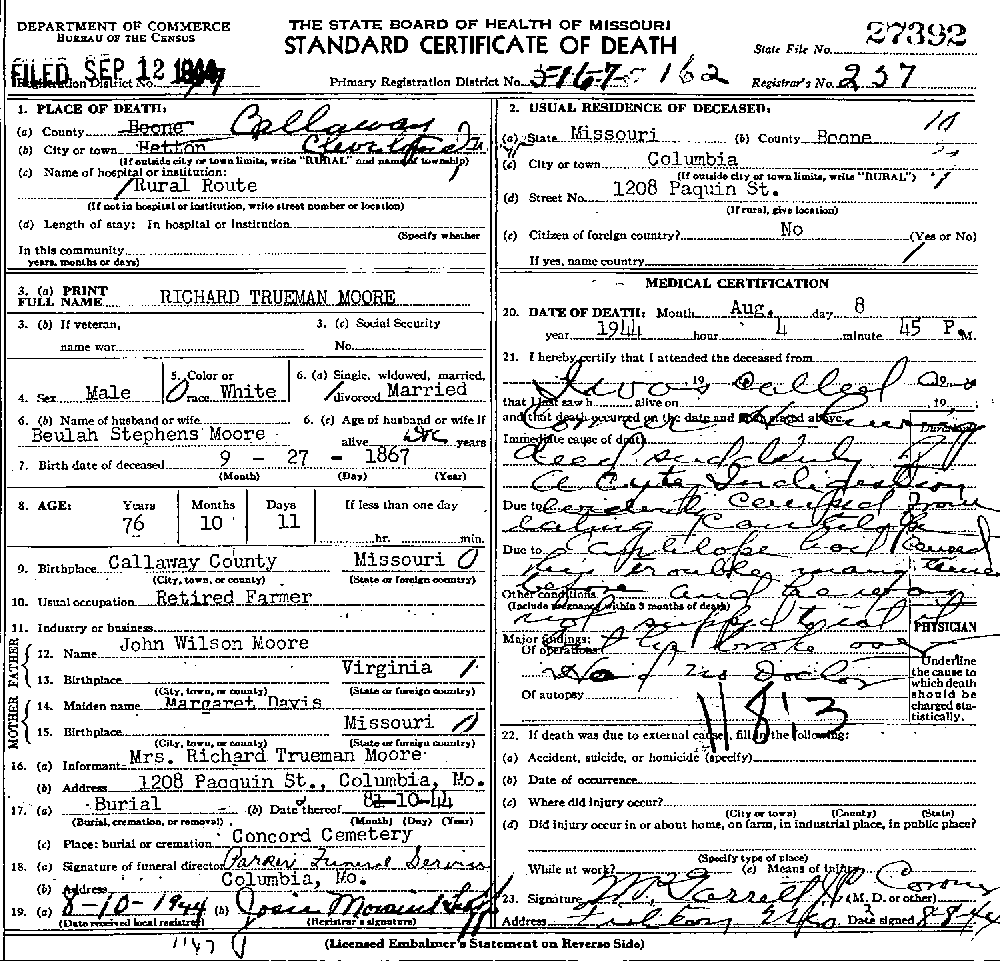 Death Certificate of Moore, Truman Richard