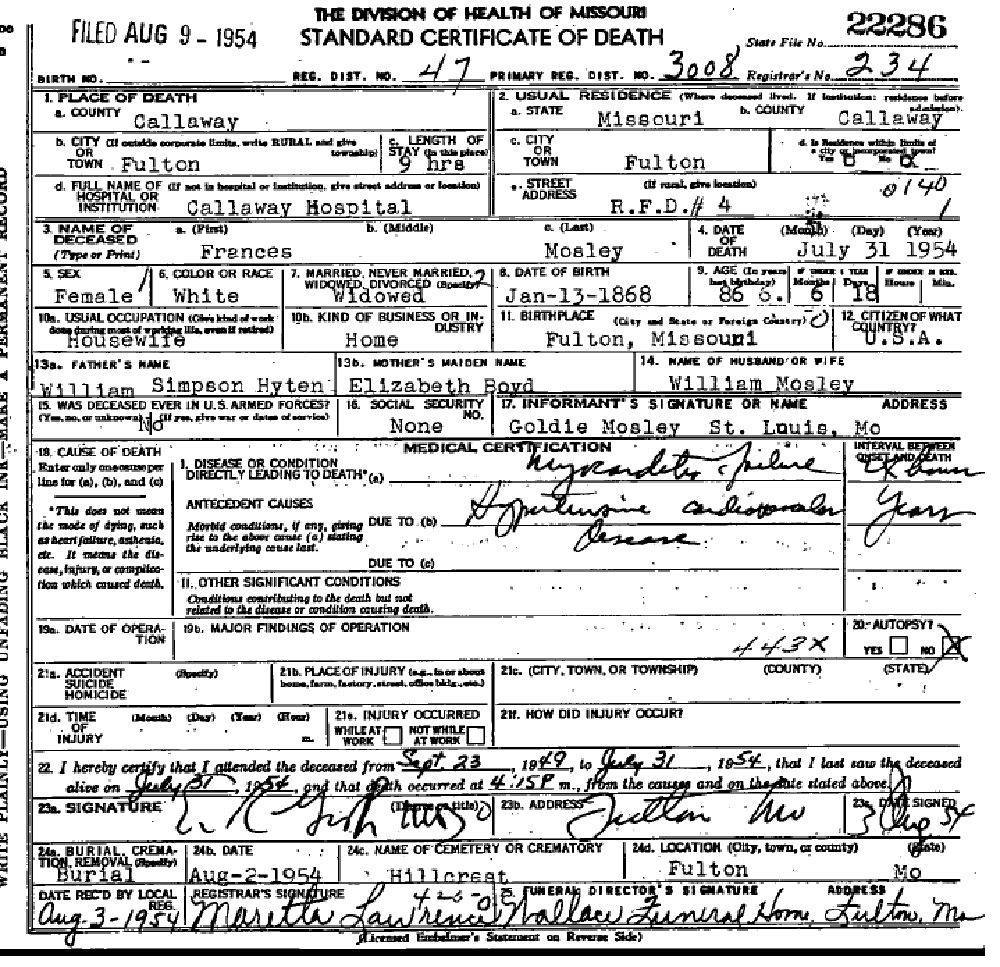 Death certificate of Mosley, Francis Hyten