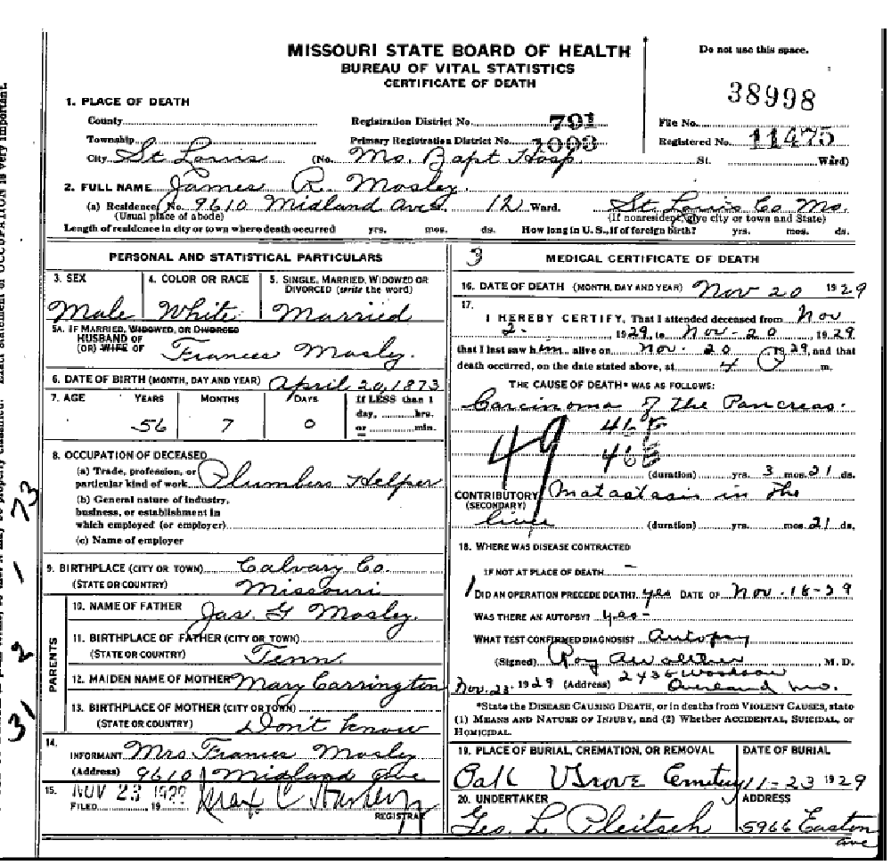 Death certificate of Mosley, James Randolph