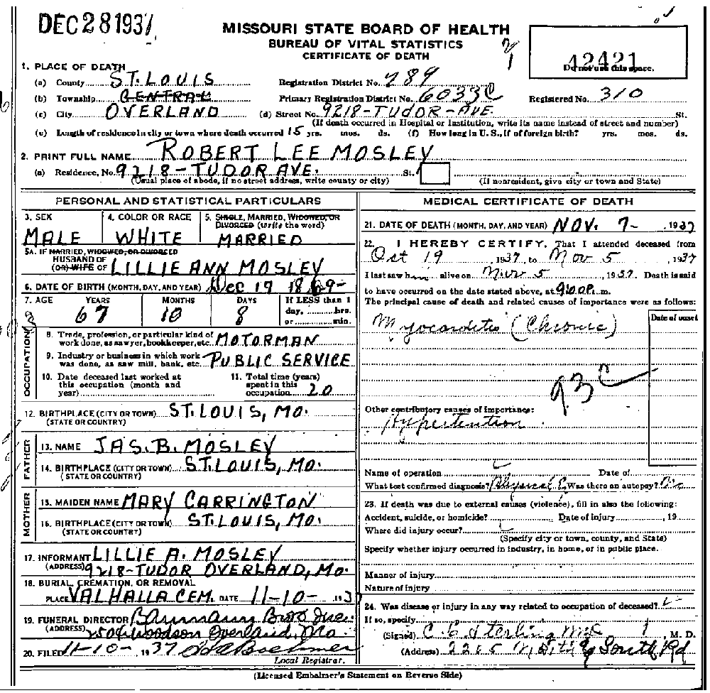 Death Certificate of Mosley, Robert Lee
