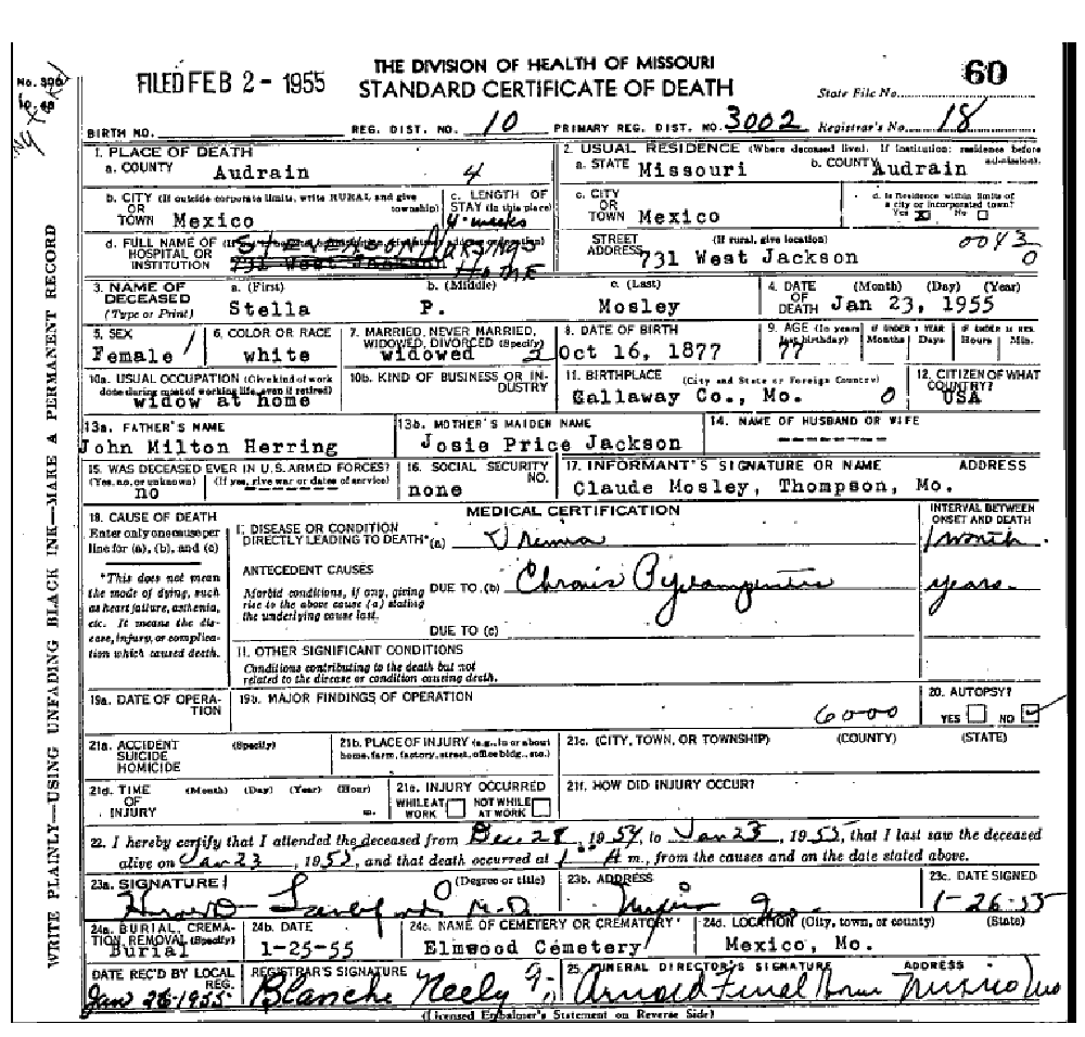 Death certificate of Mosley, Stella P. Herring