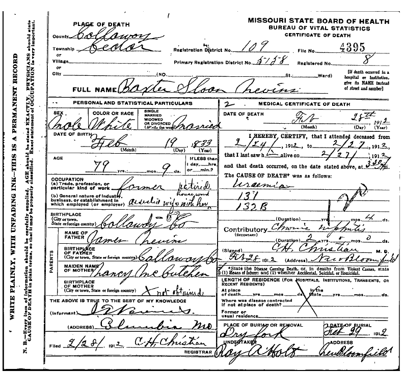 Death certificate of Nevins, Baxter Sloan