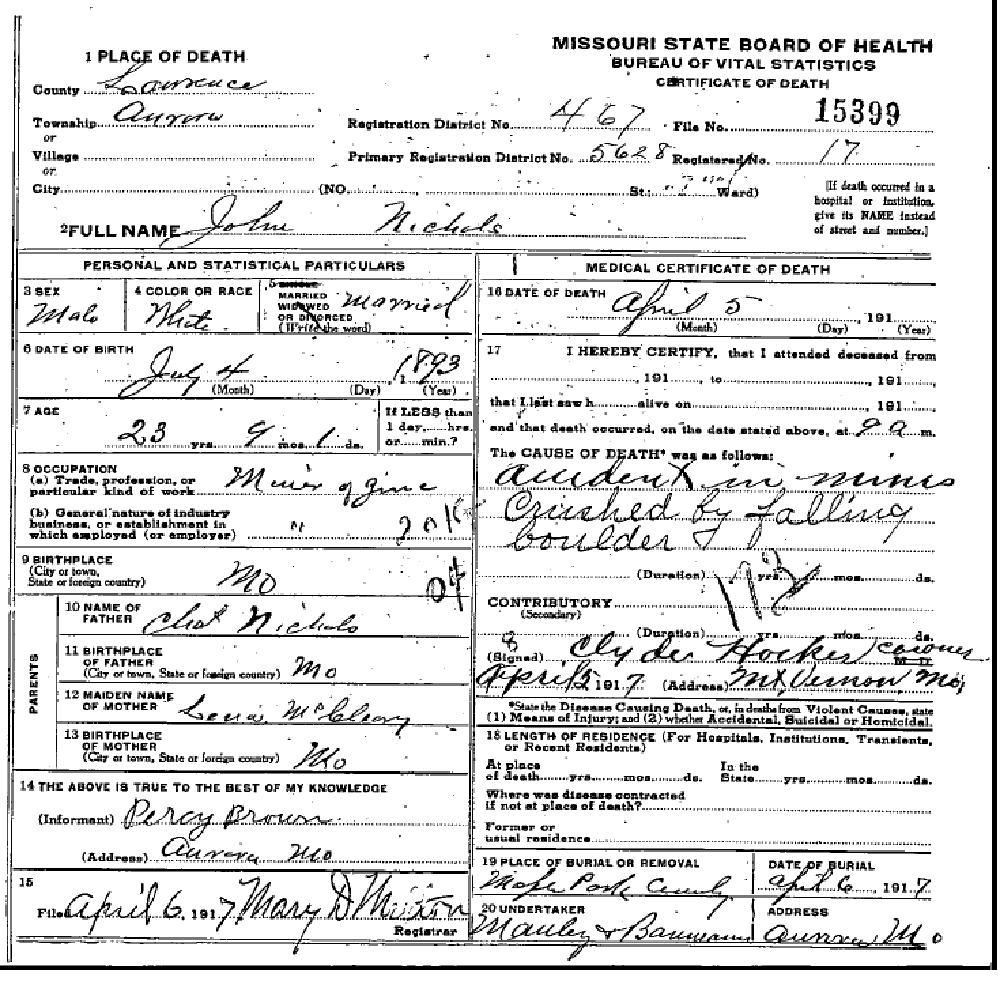 Death certificate of Nichols, John A.