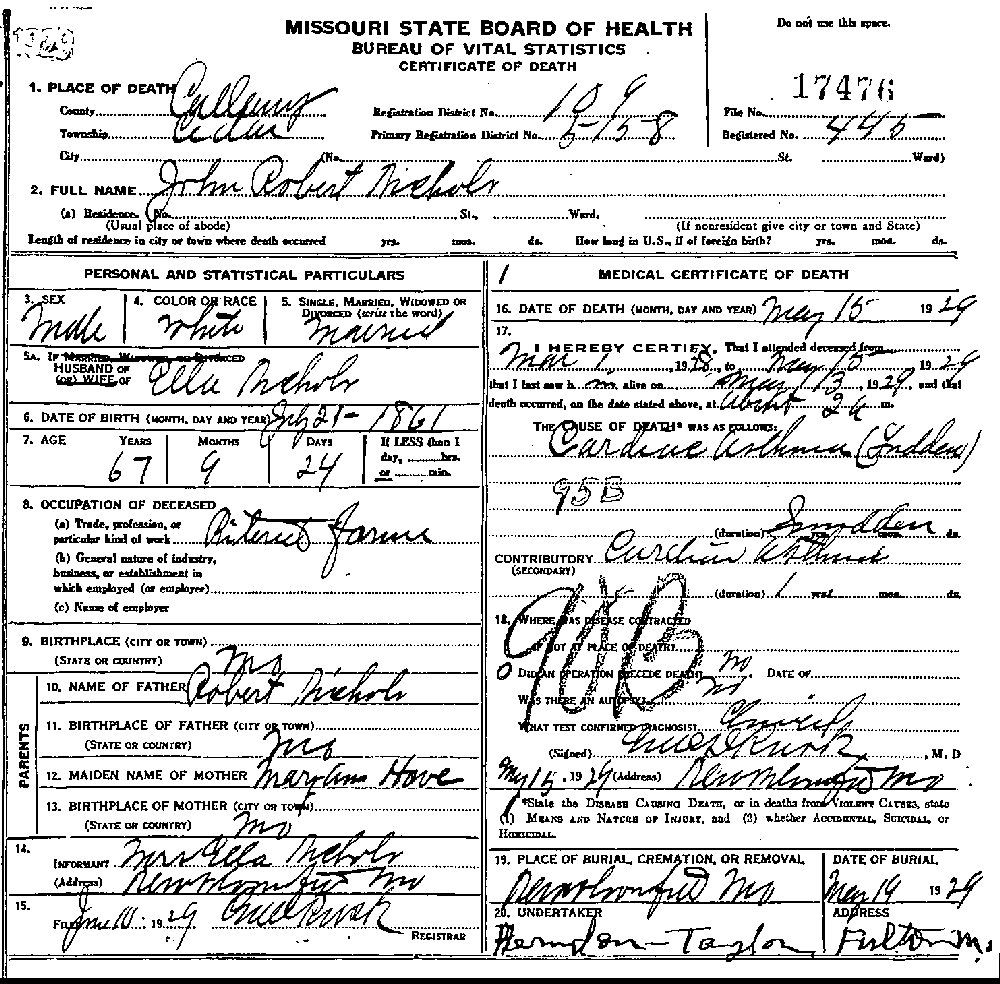 Death Certificate of Nichols, John Robert