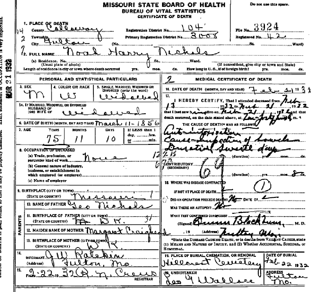 Death certificate of Nichols, Noah Harry