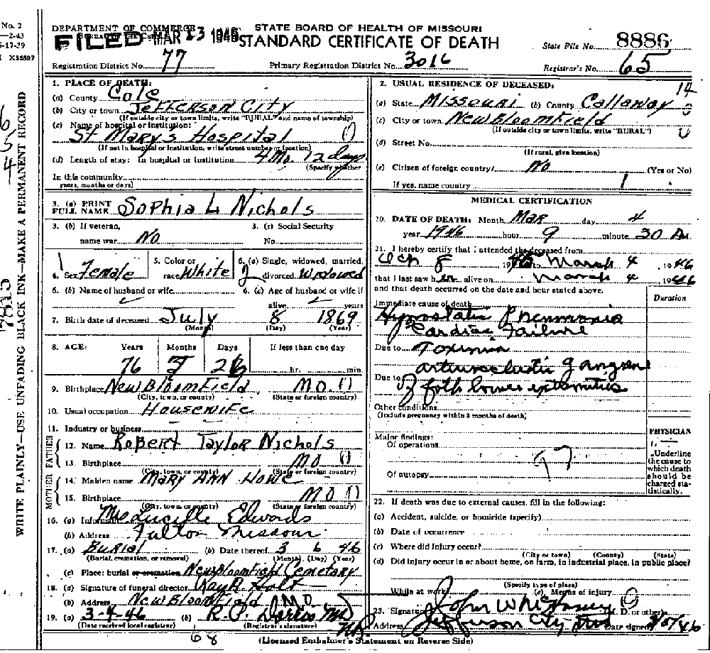 Death Certificate of Nichols, Sophia Malinda Nichols