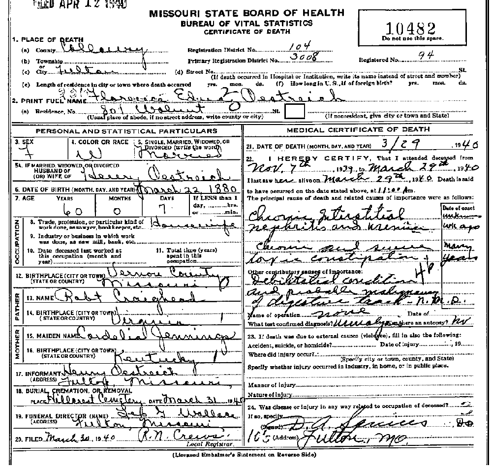 Death Certificate of Oestreich, Florance Edna Craighead