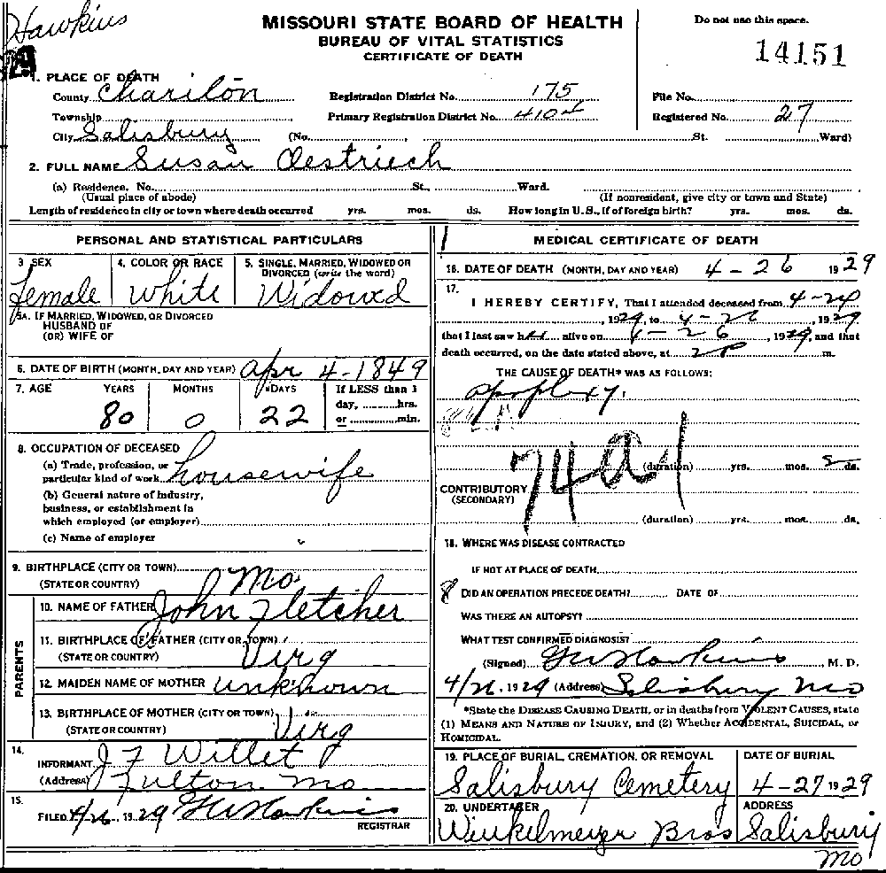 Death Certificate of Oestreich, Susan E. Fletcher Willett