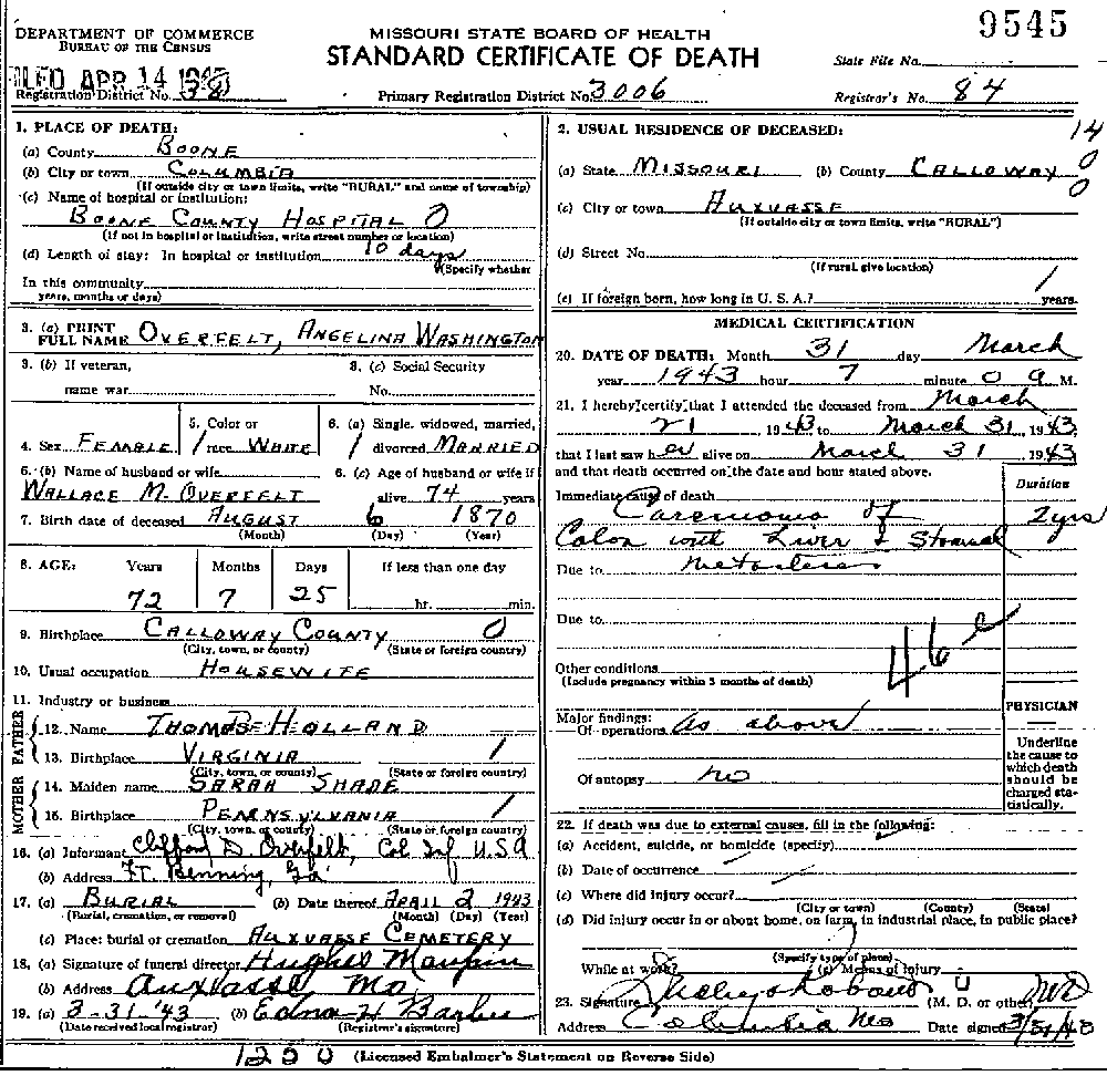 Death Certificate of Overfelt, Angelina W. Holland