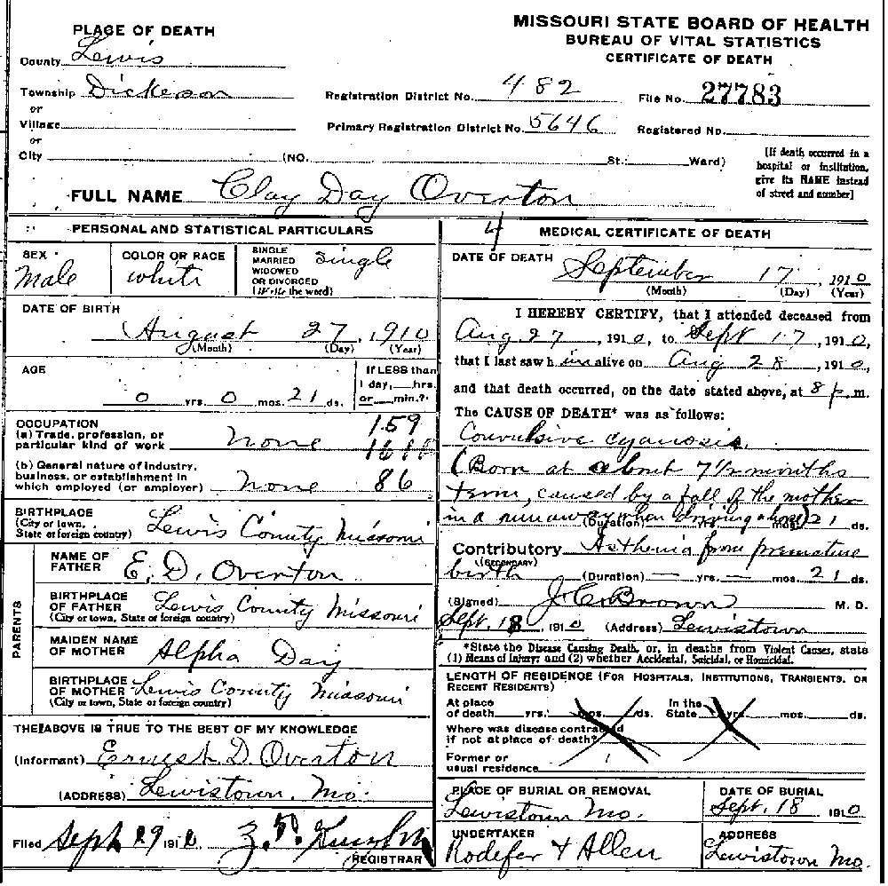 Death Certificate of Overton, Clay Day