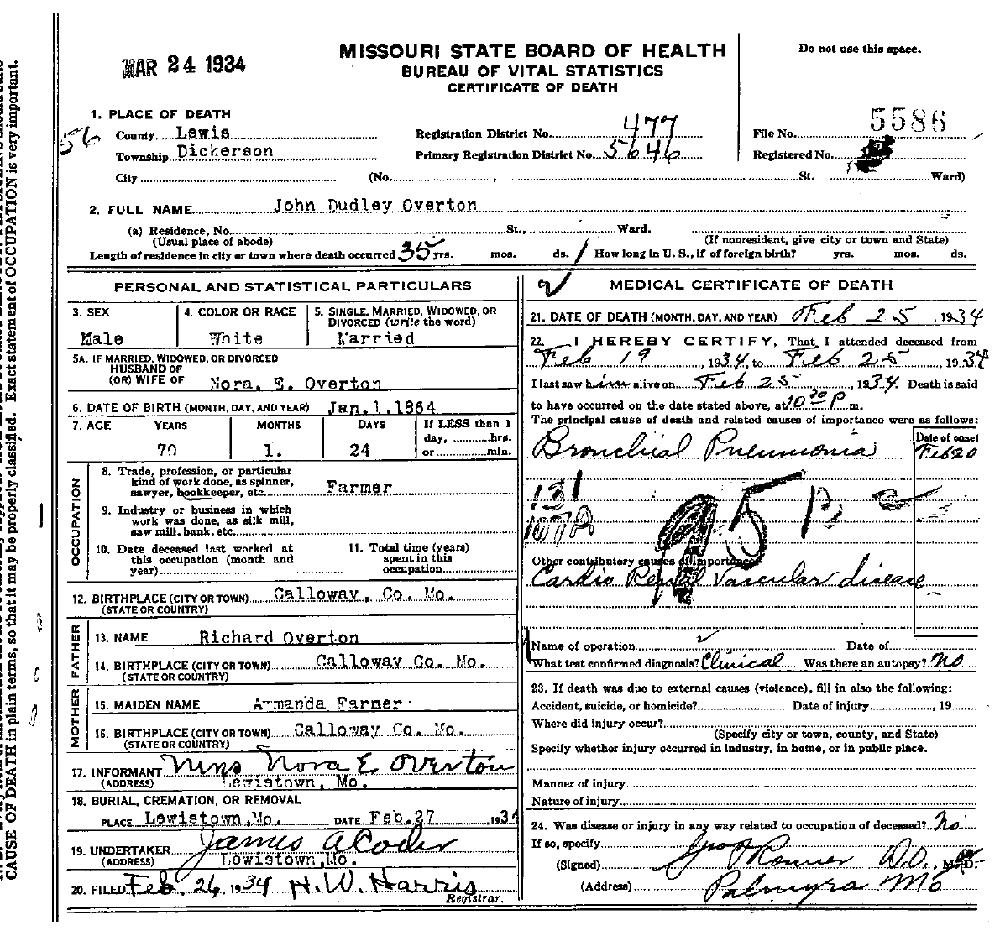 Death Certificate of Overton, John Dudley