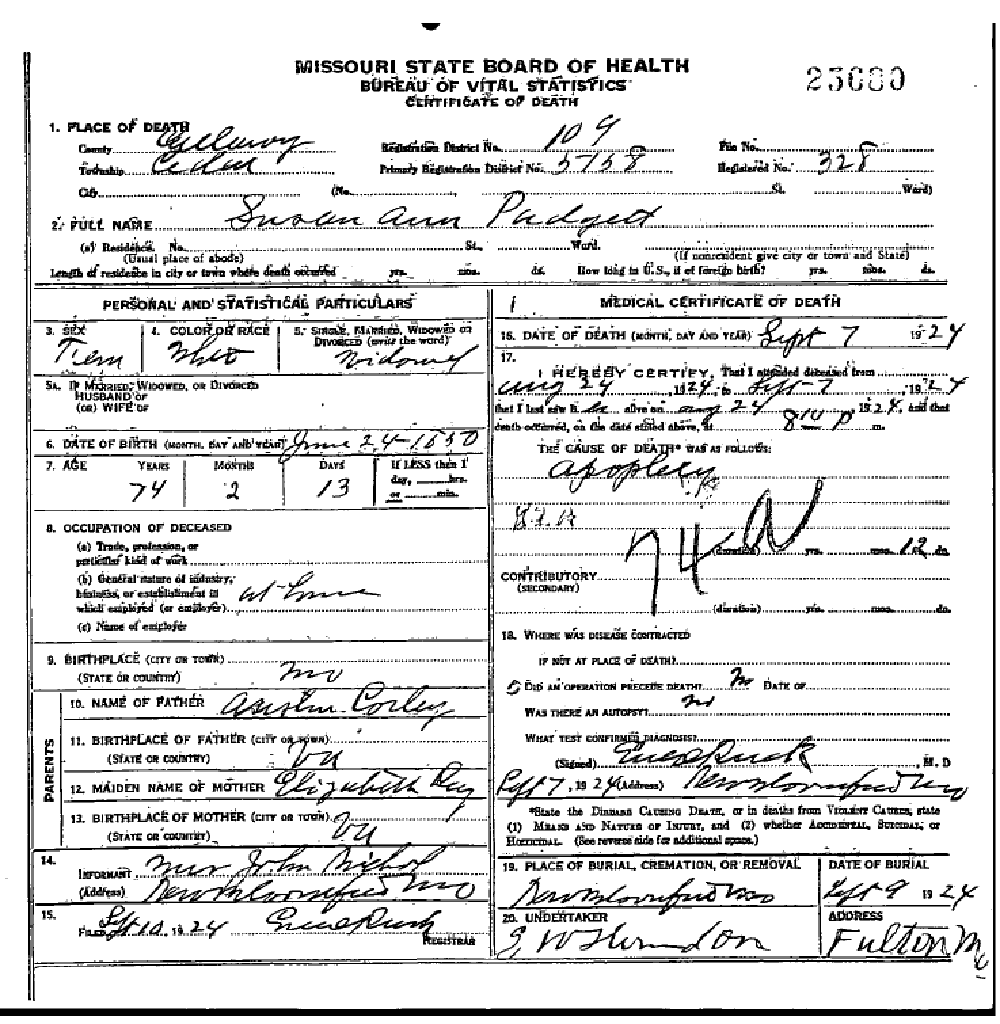 Death certificate of Padgett, Susan A. Corley