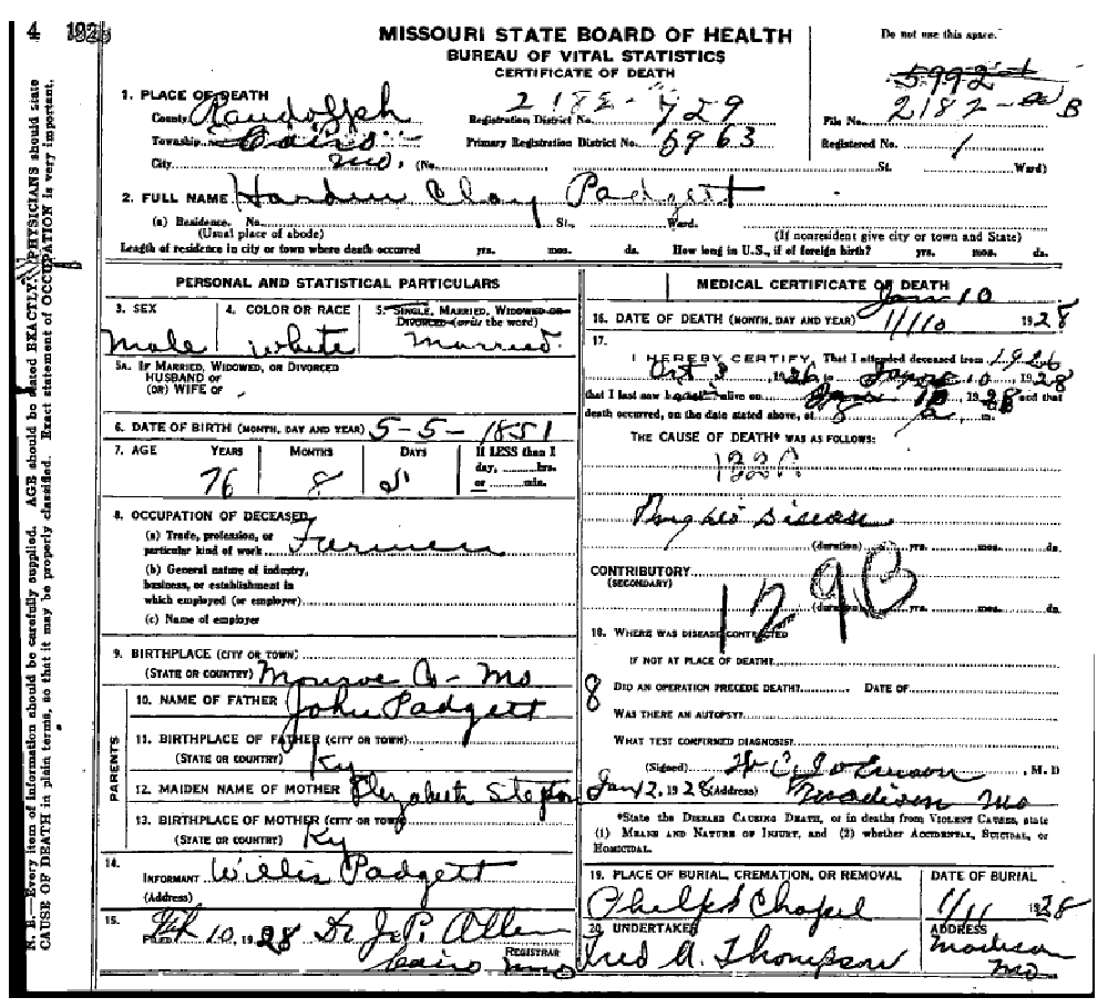 Death certificate of Pagett, Harden Clay