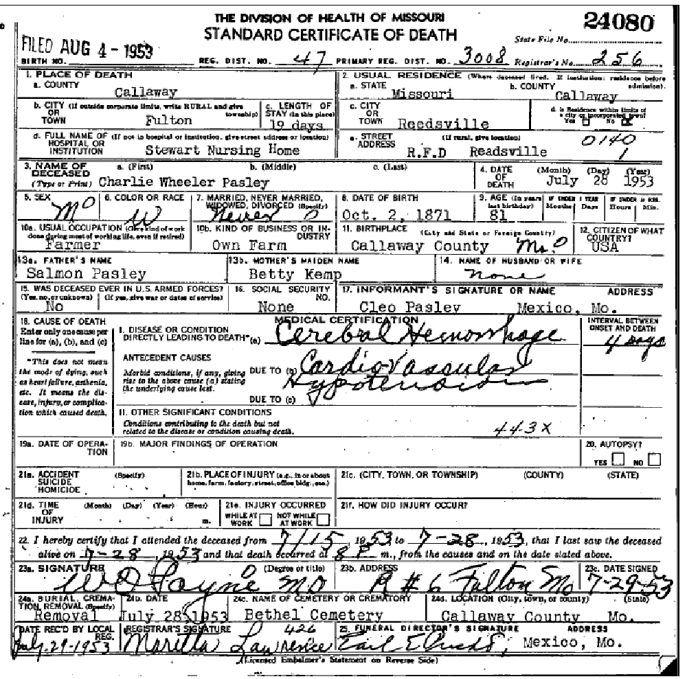 Death certificate of Pasley, Charles Wheeler