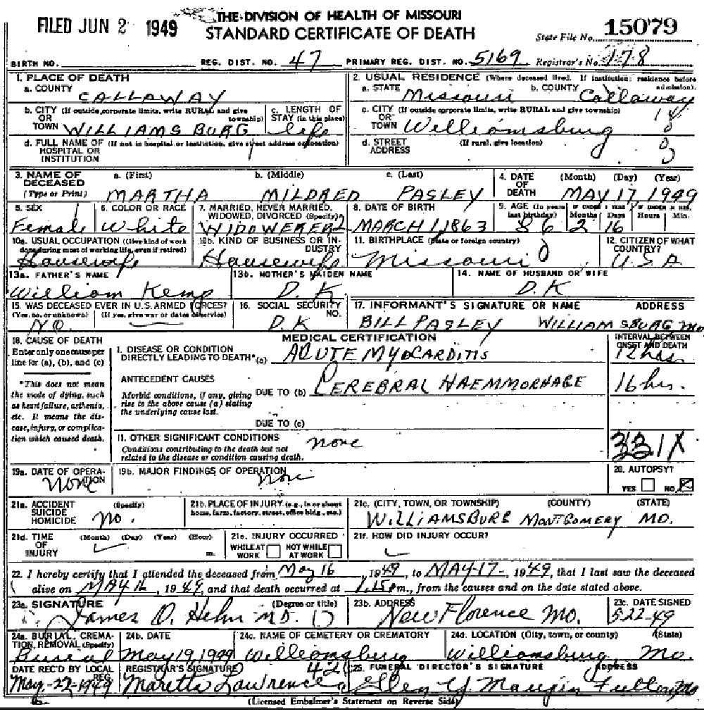 Death certificate of Pasley, Martha M. Kemp